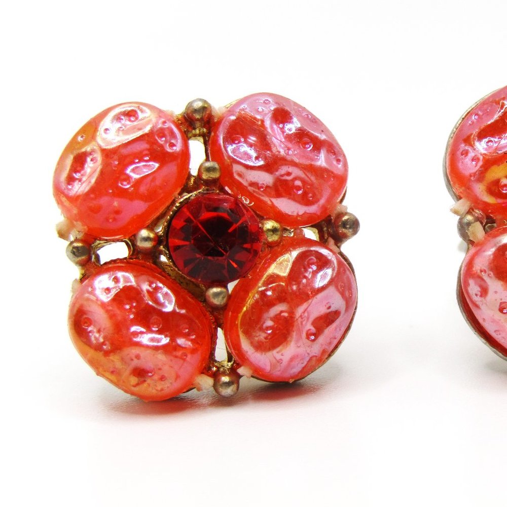 Vintage Glass Earrings 1950s Orange Rhinestone Iridescent Clip On